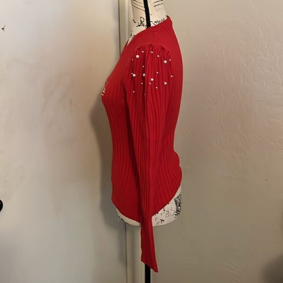 Bebe Red Rhinestone Bling Embellished Faux Pearl Detailed Ribbed Long Sleeve Top - Picture 2 of 11